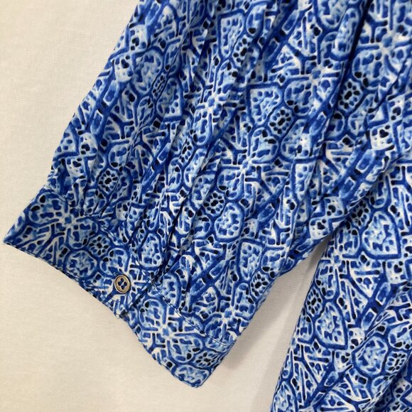 Grand & Green size 1X Blue V Neck Abstract Pattern Ultra Soft Blouse Office - Picture 11 of 12